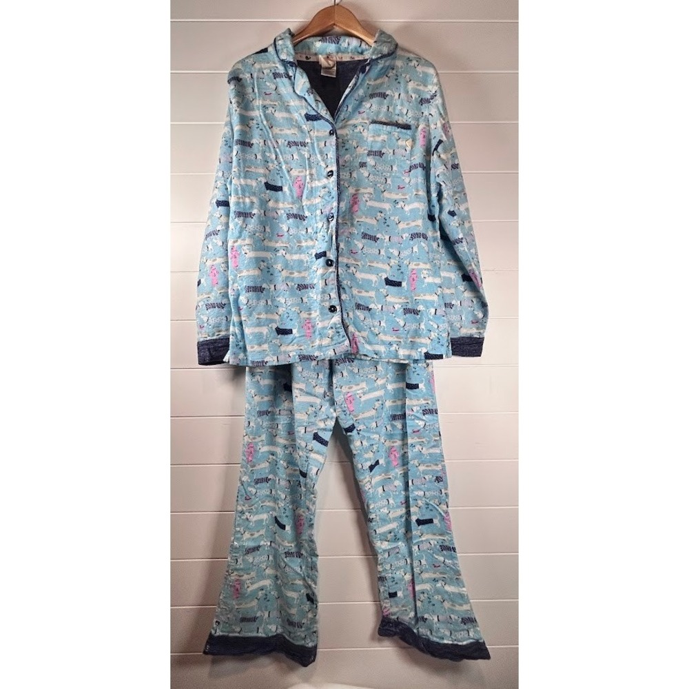 Munki Munki Womens Dachshund Dog Bamboo Cotton Pajama Set Blue Large L